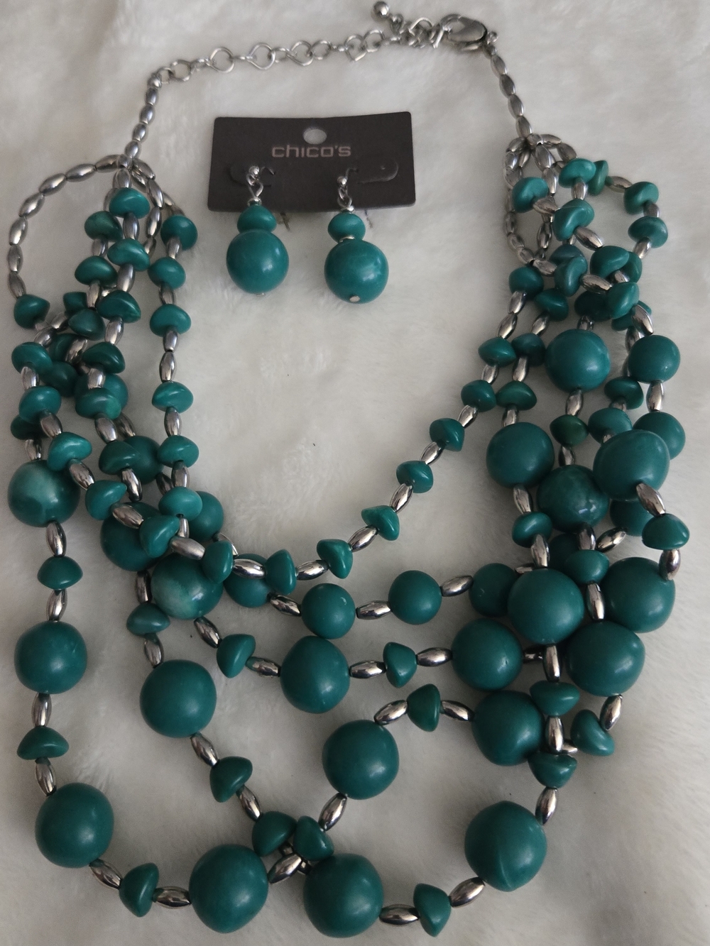 Chico's Teal Multi-Strand Beaded Necklace with Matching Drop Earrings - Picture 5 of 7